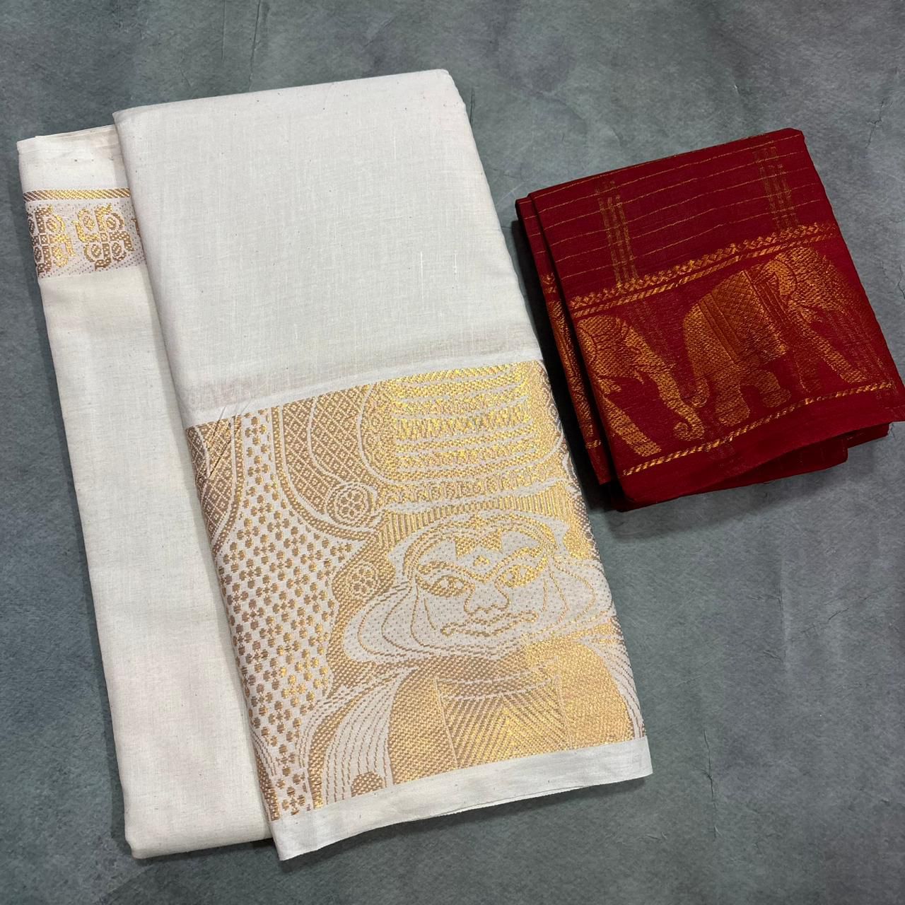 Kerala-inspired Sungudi Cotton Saree-deity face and geometric motifs-Red blouse